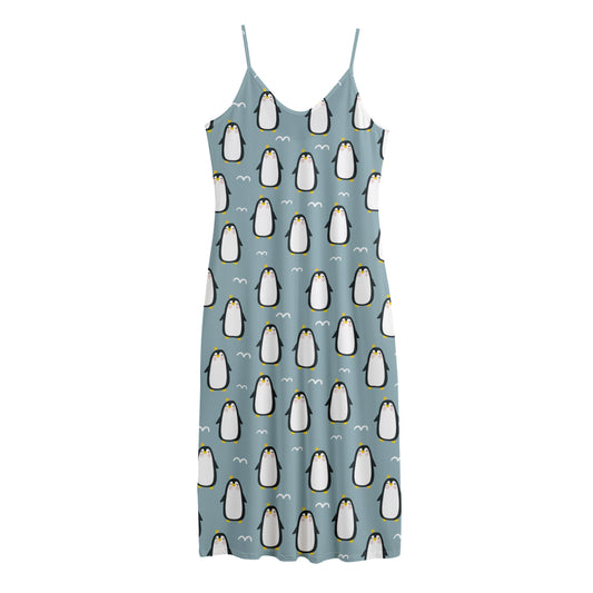 Cartoon Emperor Penguin Pattern Print Jersey Midi Cami Dress