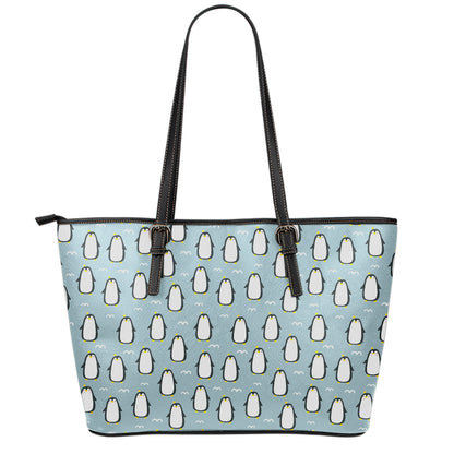 Cartoon Emperor Penguin Pattern Print Leather Tote Bag