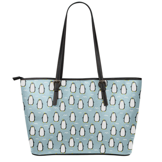Cartoon Emperor Penguin Pattern Print Leather Tote Bag