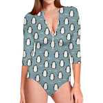 Cartoon Emperor Penguin Pattern Print Long Sleeve Swimsuit