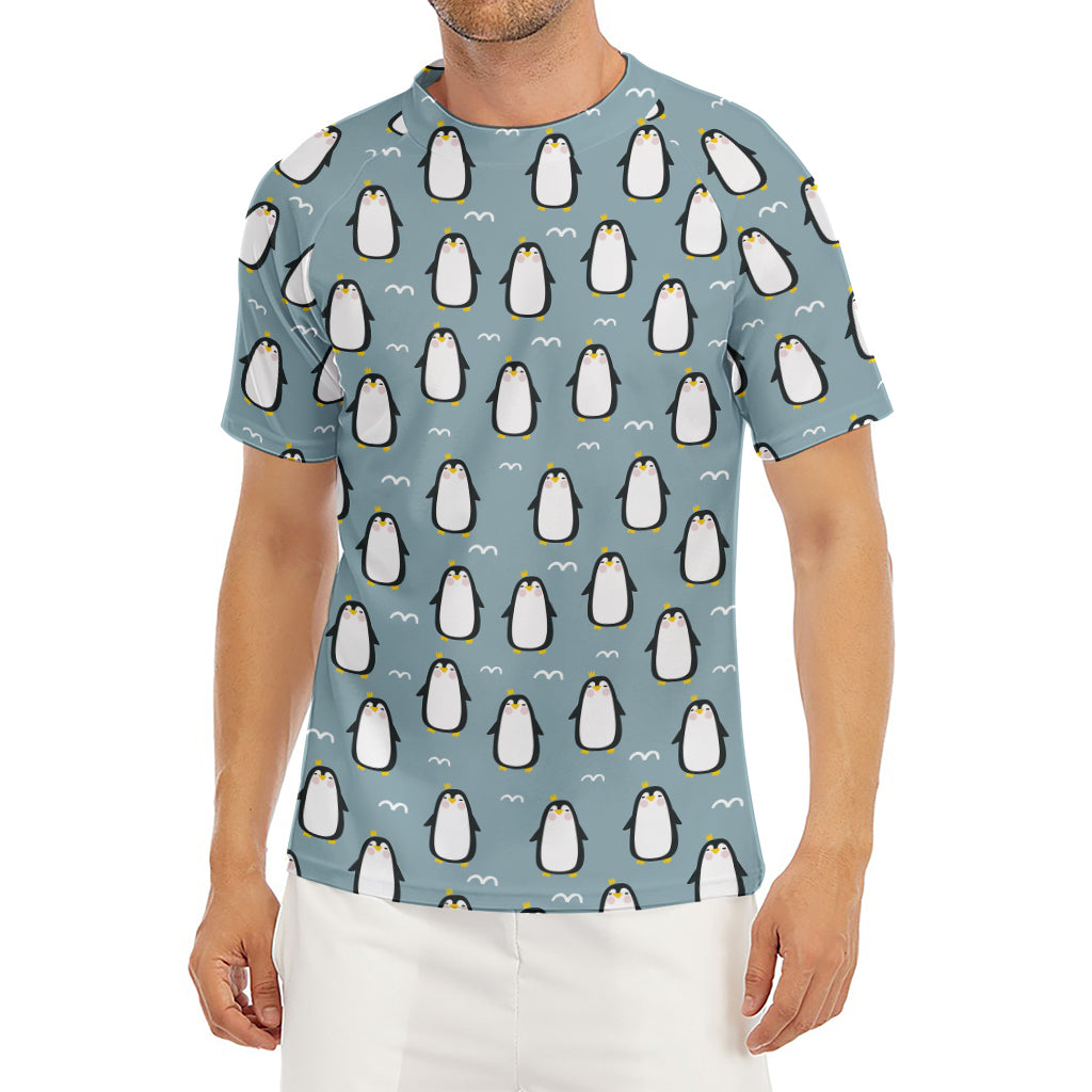 Cartoon Emperor Penguin Pattern Print Men's Short Sleeve Rash Guard