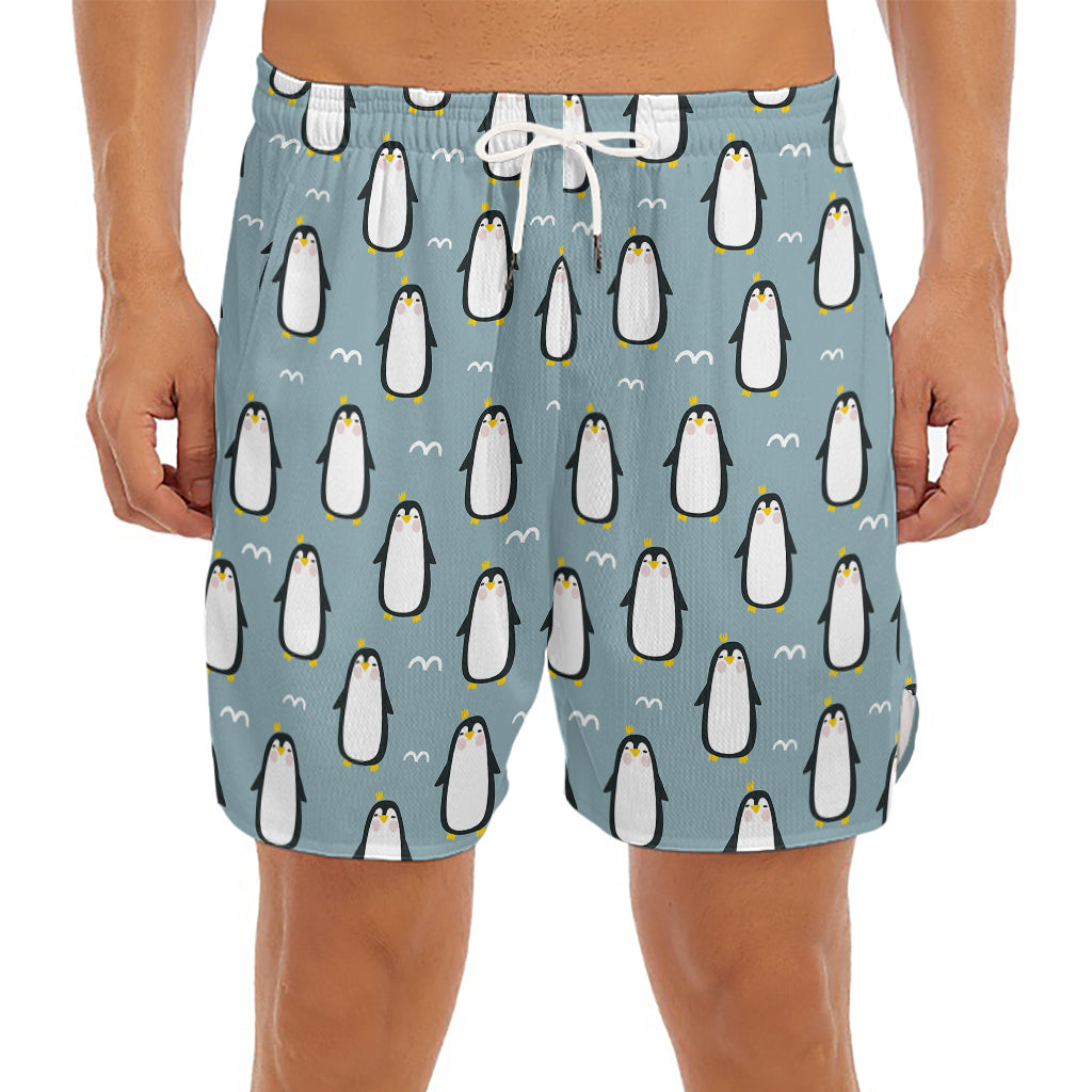 Cartoon Emperor Penguin Pattern Print Men's Split Running Shorts