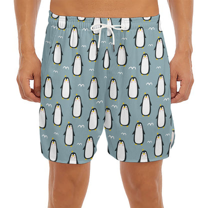 Cartoon Emperor Penguin Pattern Print Men's Split Running Shorts