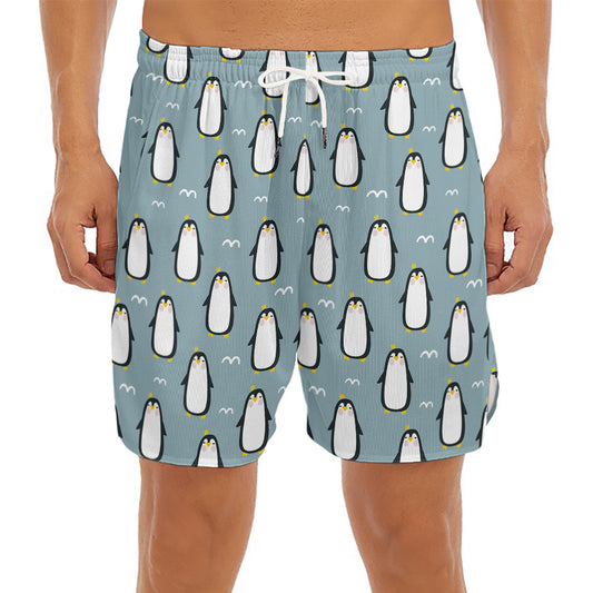 Cartoon Emperor Penguin Pattern Print Men's Split Running Shorts