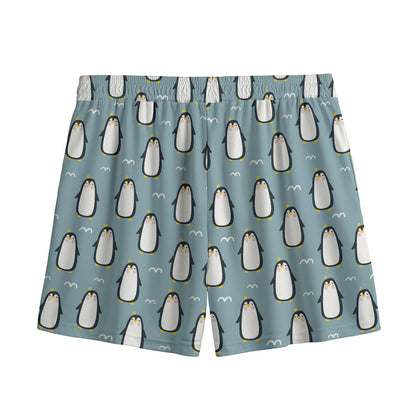 Cartoon Emperor Penguin Pattern Print Mesh Shorts