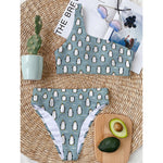 Cartoon Emperor Penguin Pattern Print One Shoulder Bikini Top