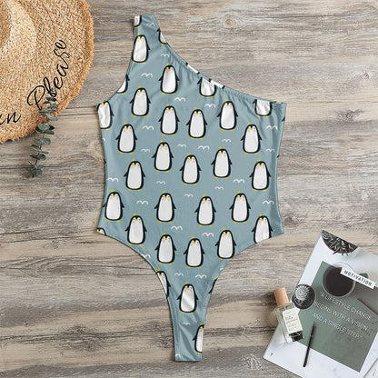 Cartoon Emperor Penguin Pattern Print One Shoulder Bodysuit