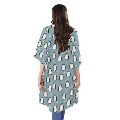 Cartoon Emperor Penguin Pattern Print Open Front Beach Cover Up