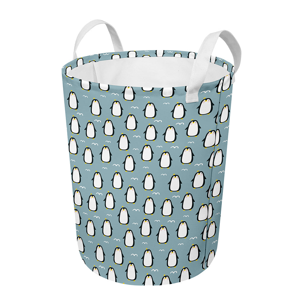 Cartoon Emperor Penguin Pattern Print Round Laundry Basket