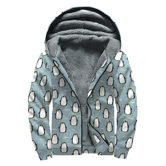 Cartoon Emperor Penguin Pattern Print Sherpa Lined Zip Up Hoodie