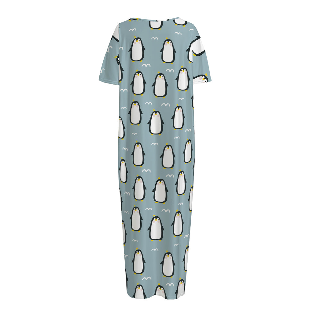 Cartoon Emperor Penguin Pattern Print Short Sleeve Long Nightdress
