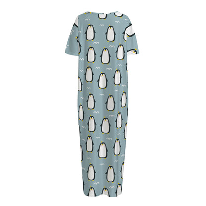 Cartoon Emperor Penguin Pattern Print Short Sleeve Long Nightdress