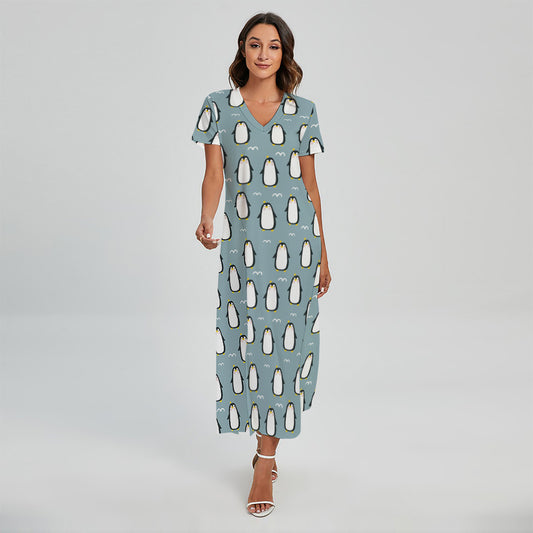 Cartoon Emperor Penguin Pattern Print Short Sleeve Maxi Dress