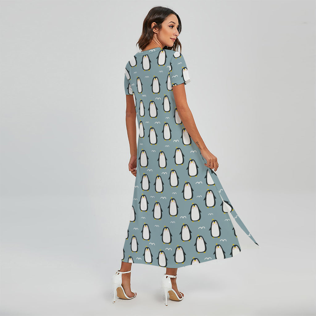 Cartoon Emperor Penguin Pattern Print Short Sleeve Maxi Dress