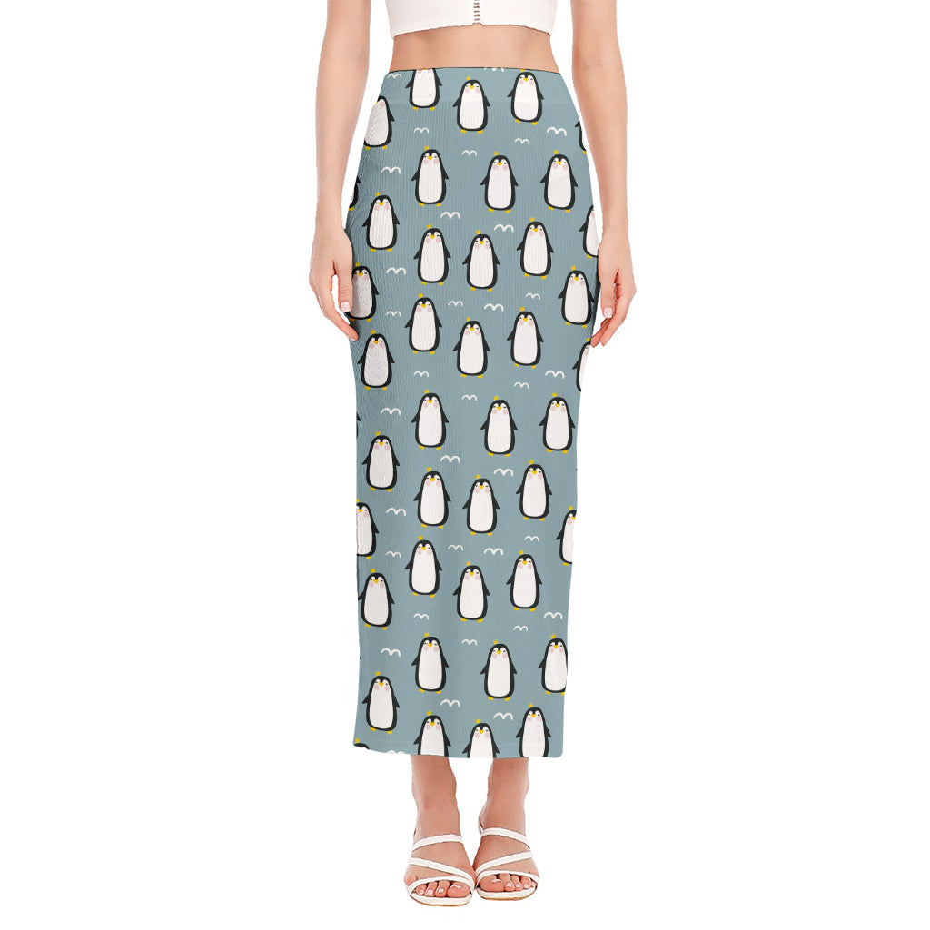 Cartoon Emperor Penguin Pattern Print Side Slit Maxi Skirt