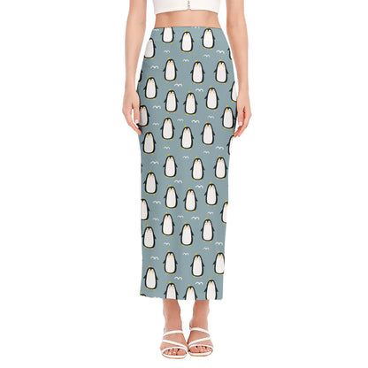 Cartoon Emperor Penguin Pattern Print Side Slit Maxi Skirt