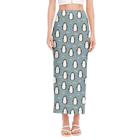 Cartoon Emperor Penguin Pattern Print Side Slit Maxi Skirt