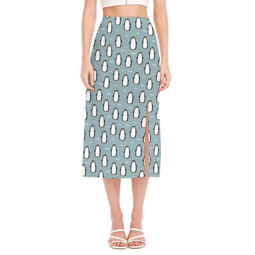 Cartoon Emperor Penguin Pattern Print Side Slit Midi Skirt
