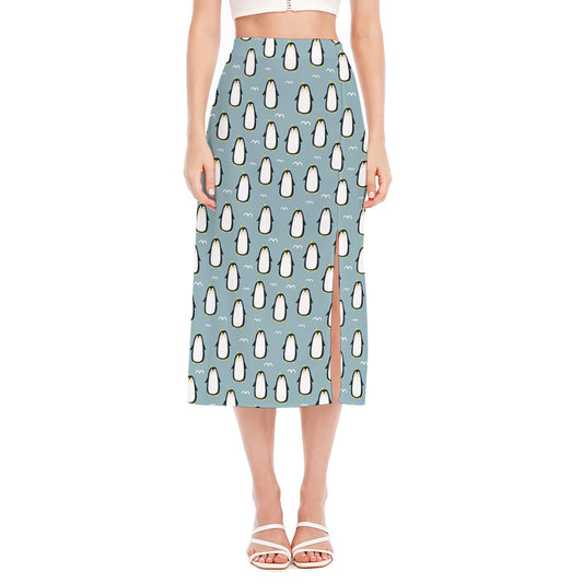 Cartoon Emperor Penguin Pattern Print Side Slit Midi Skirt