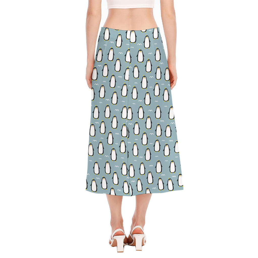 Cartoon Emperor Penguin Pattern Print Side Slit Midi Skirt
