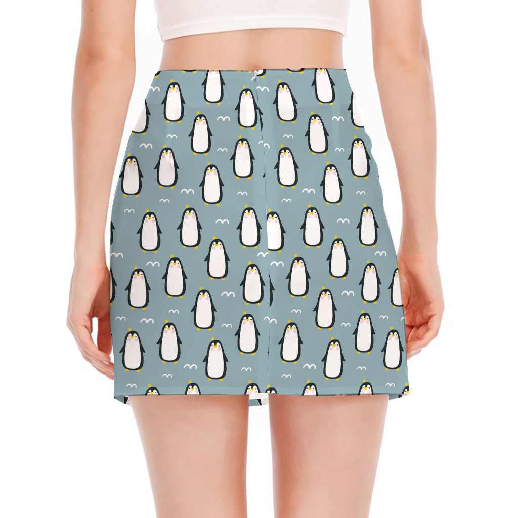 Cartoon Emperor Penguin Pattern Print Side Slit Mini Skirt