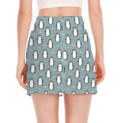 Cartoon Emperor Penguin Pattern Print Side Slit Mini Skirt