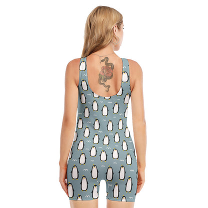 Cartoon Emperor Penguin Pattern Print Sleeveless One Piece Swimsuit