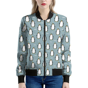 Cartoon Emperor Penguin Pattern Print Women's Bomber Jacket