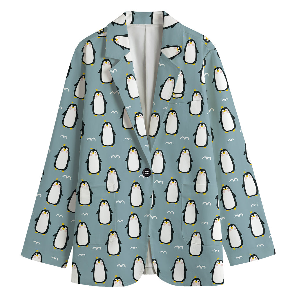 Cartoon Emperor Penguin Pattern Print Women's Cotton Blazer