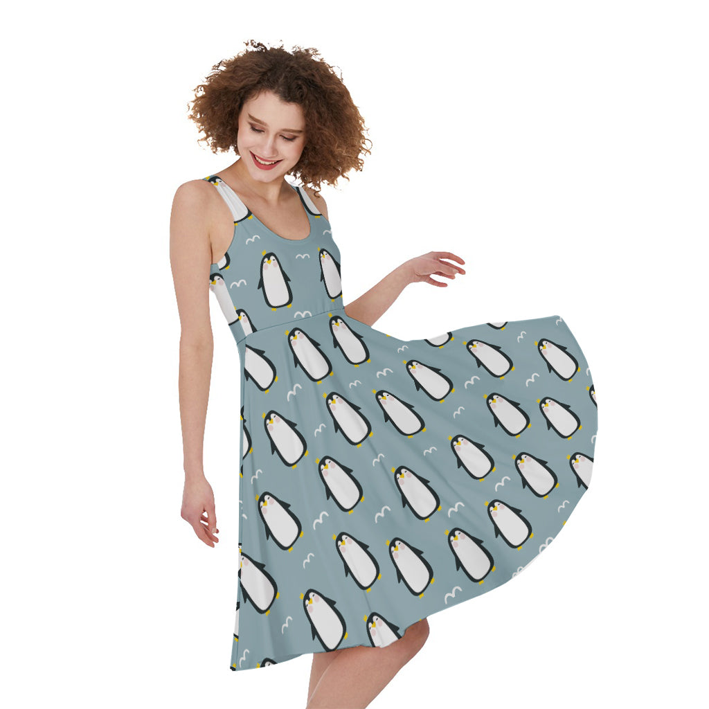 Cartoon Emperor Penguin Pattern Print Women's Sleeveless Dress
