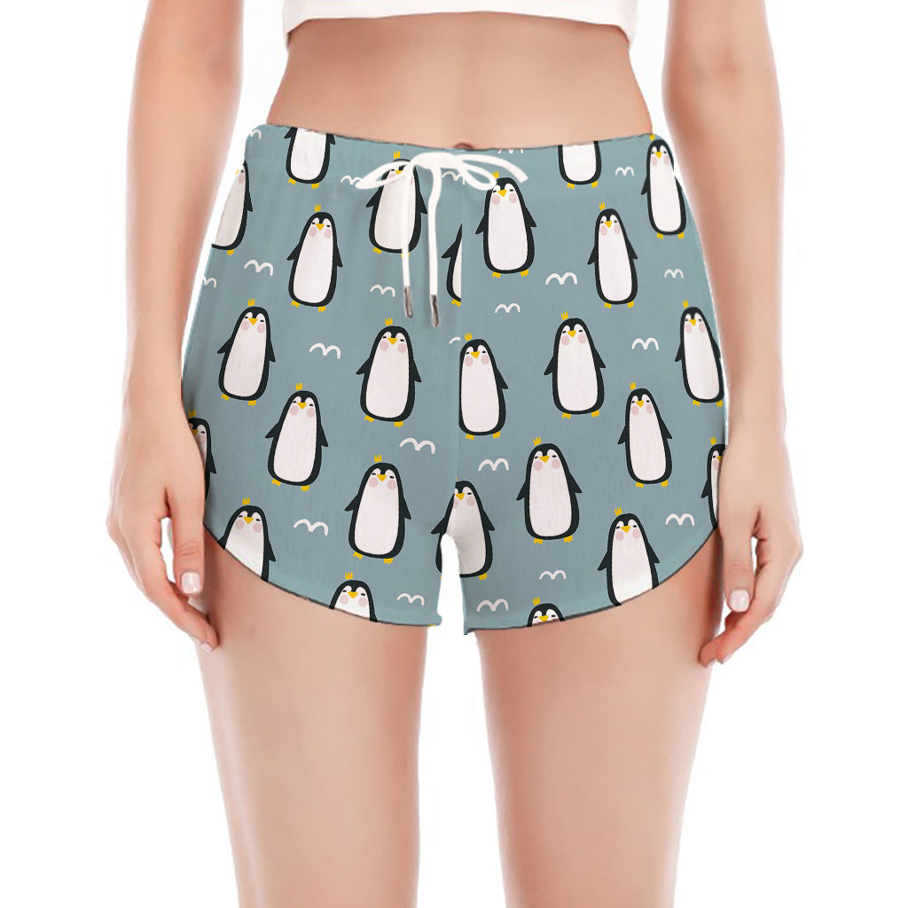 Cartoon Emperor Penguin Pattern Print Women's Split Running Shorts