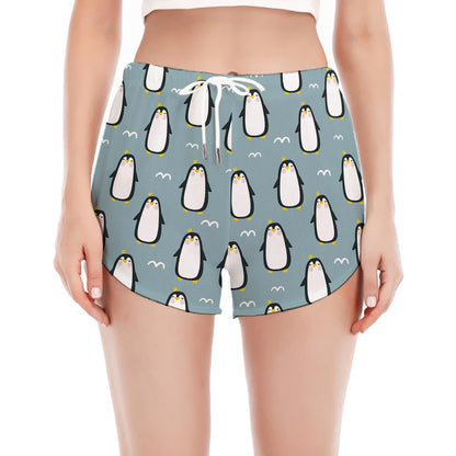Cartoon Emperor Penguin Pattern Print Women's Split Running Shorts