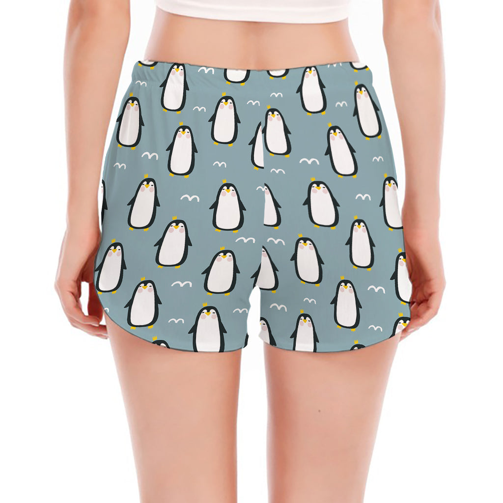 Cartoon Emperor Penguin Pattern Print Women's Split Running Shorts