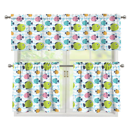 Cartoon Fish Pattern Print 3 Piece Kitchen Curtains