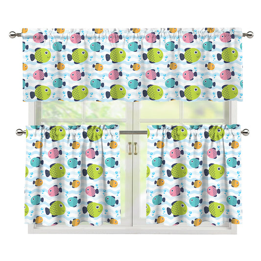 Cartoon Fish Pattern Print 3 Piece Kitchen Curtains