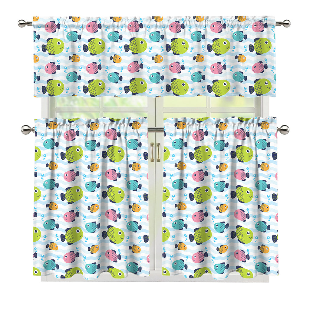 Cartoon Fish Pattern Print 3 Piece Kitchen Curtains