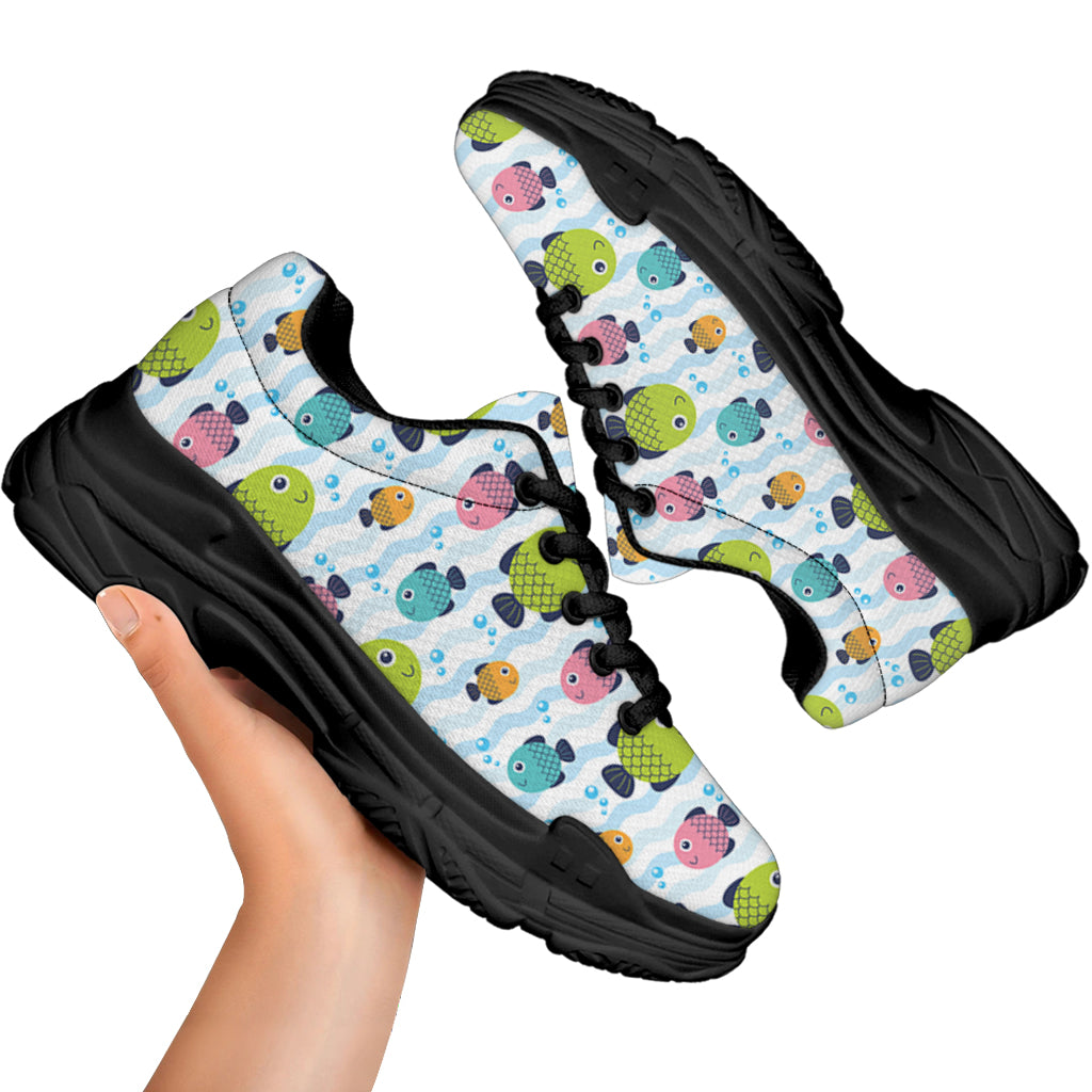 Cartoon Fish Pattern Print Black Chunky Shoes