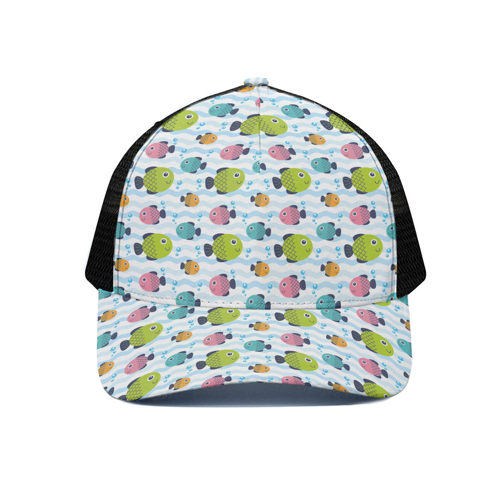 Cartoon Fish Pattern Print Black Mesh Trucker Cap