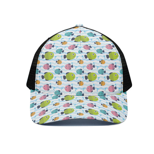 Cartoon Fish Pattern Print Black Mesh Trucker Cap