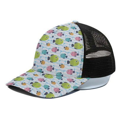 Cartoon Fish Pattern Print Black Mesh Trucker Cap