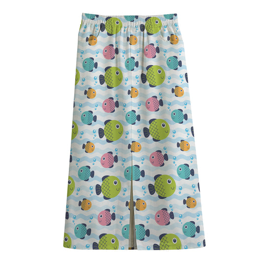 Cartoon Fish Pattern Print Cotton Front Slit Maxi Skirt