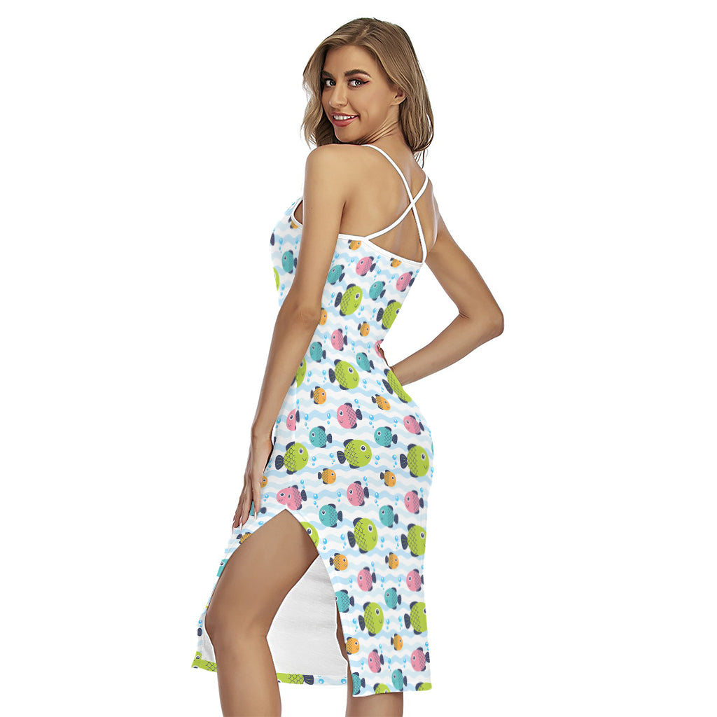 Cartoon Fish Pattern Print Cross Back Cami Dress