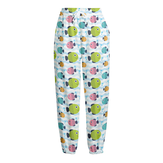 Cartoon Fish Pattern Print Fleece Lined Knit Pants