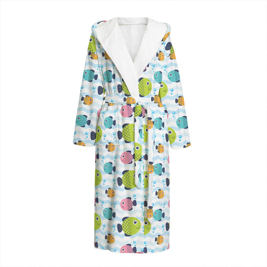 Cartoon Fish Pattern Print Hooded Bathrobe
