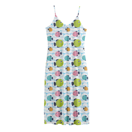 Cartoon Fish Pattern Print Jersey Midi Cami Dress