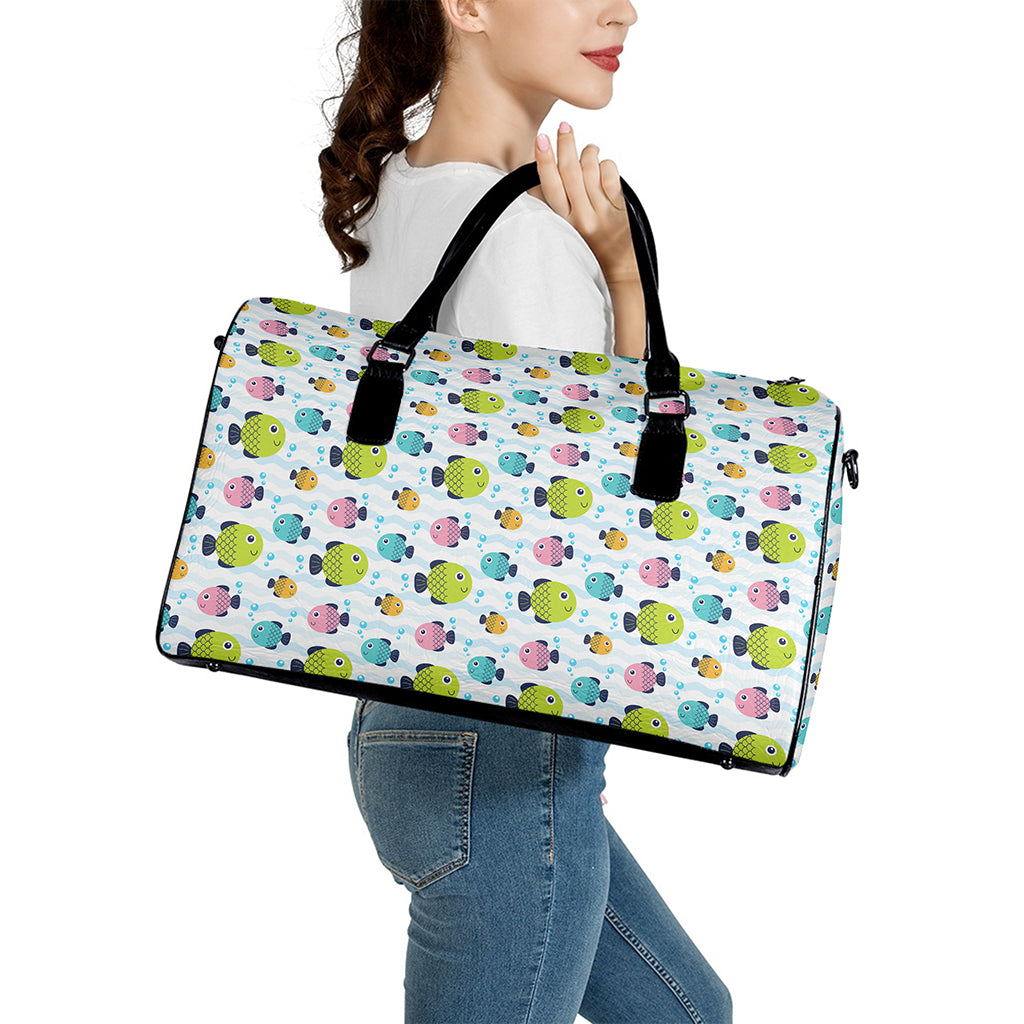 Cartoon Fish Pattern Print Leather Duffle Bag