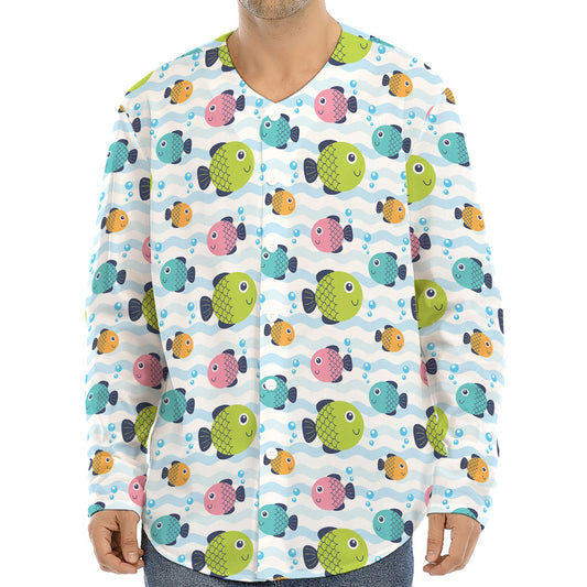 Cartoon Fish Pattern Print Long Sleeve Baseball Jersey