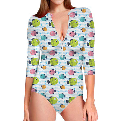 Cartoon Fish Pattern Print Long Sleeve Swimsuit
