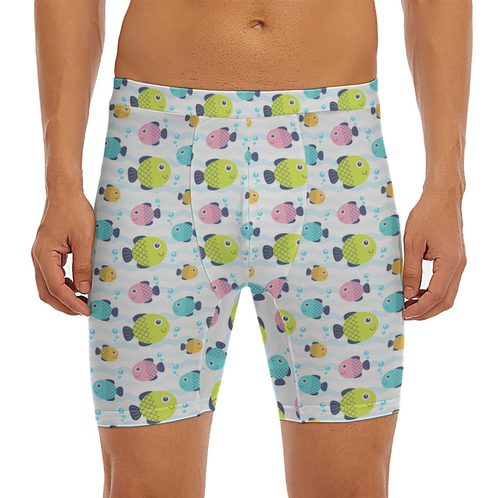 Cartoon Fish Pattern Print Men's Long Boxer Briefs