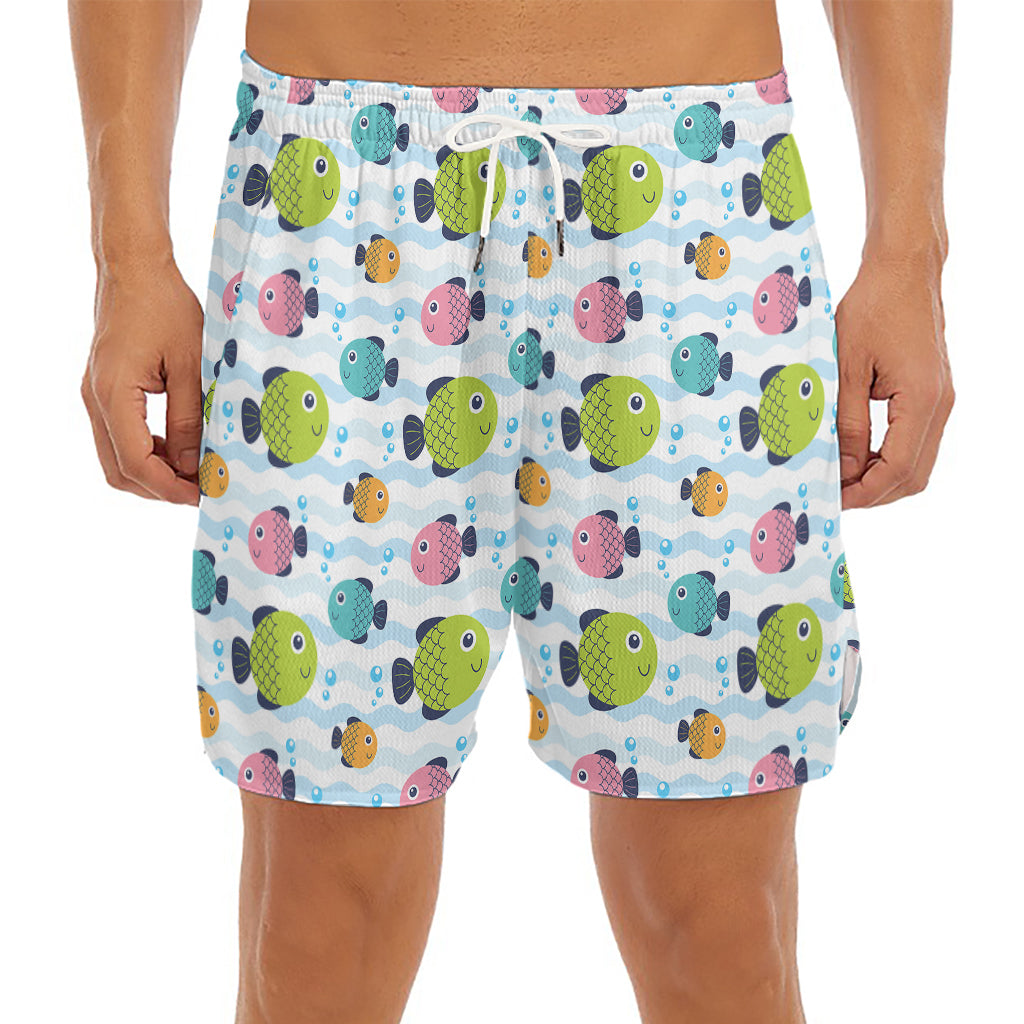 Cartoon Fish Pattern Print Men's Split Running Shorts